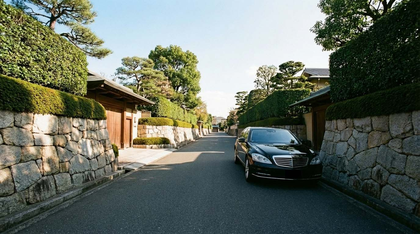 電柱がなく、石垣と緑が続く六麓荘町の美しい街並み