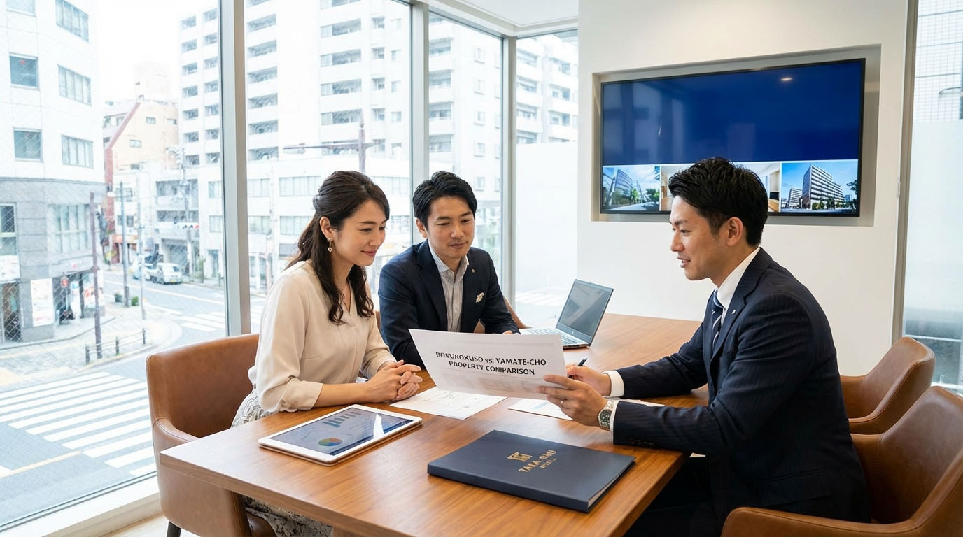 高翔バイセルの個室で、担当者がお客様に六麓荘と山手町の物件資料を提示し、それぞれの魅力を説明している様子