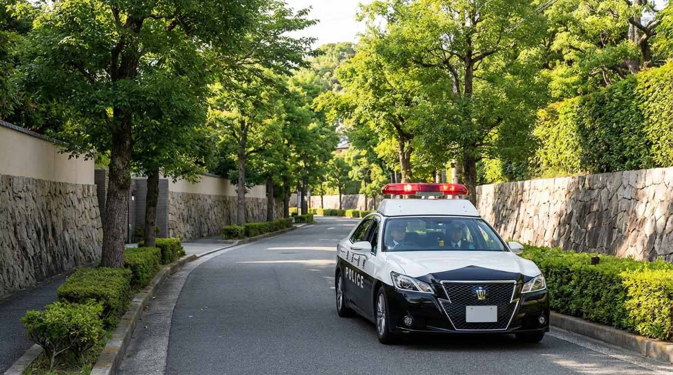 パトカーが六麓荘町の静かな通りを巡回パトロールしている様子
