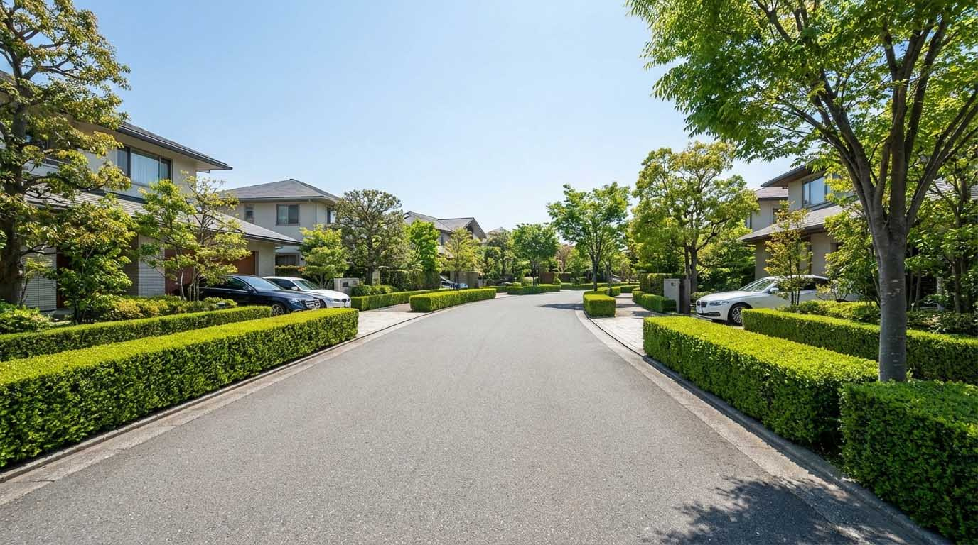 美しく剪定された生垣の続く六麓荘町の通り。見通しが良く、死角が少ない防犯性の高い街並み。