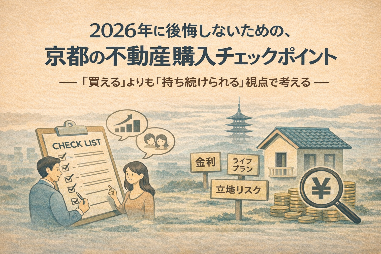 京都で不動産を購入する際は「買えるか」だけでなく「持ち続けられるか」が重要です。2026年を見据えた資金計画や立地リスクを、購入前に整理しておきましょう。の画像