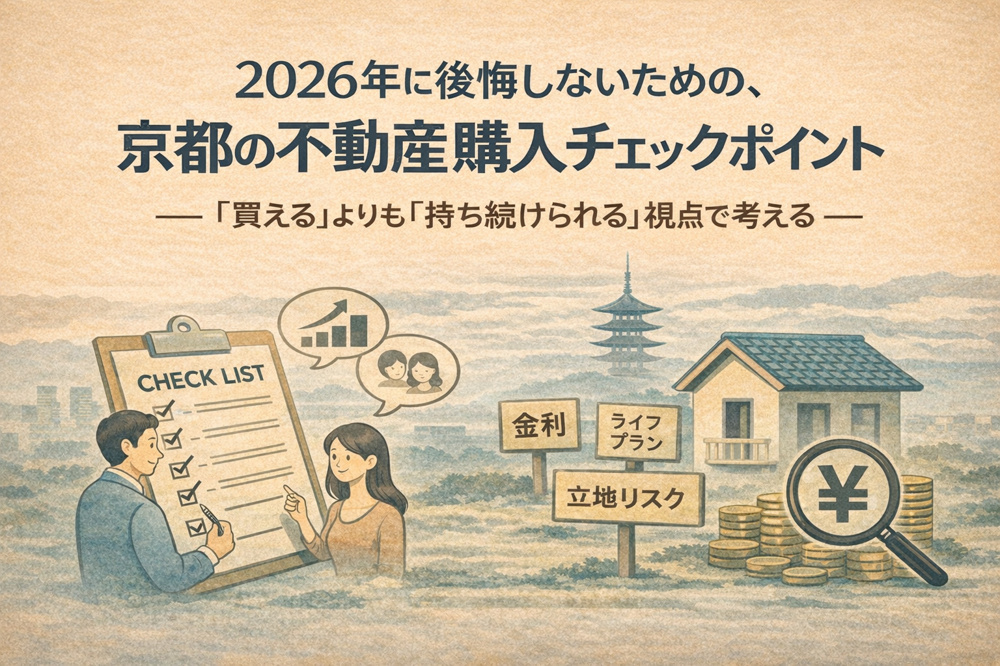 京都で不動産を購入する際は「買えるか」だけでなく「持ち続けられるか」が重要です。2026年を見据えた資金計画や立地リスクを、購入前に整理しておきましょう。の画像
