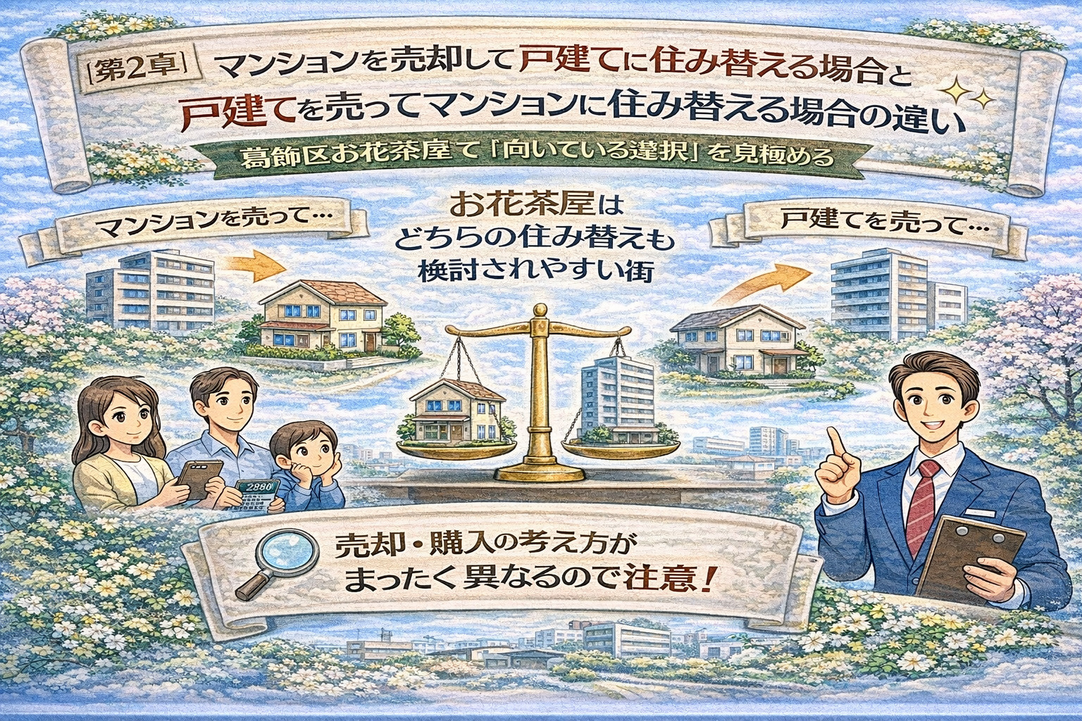 マンション売却と戸建て住み替えの違いを解説したイメージ