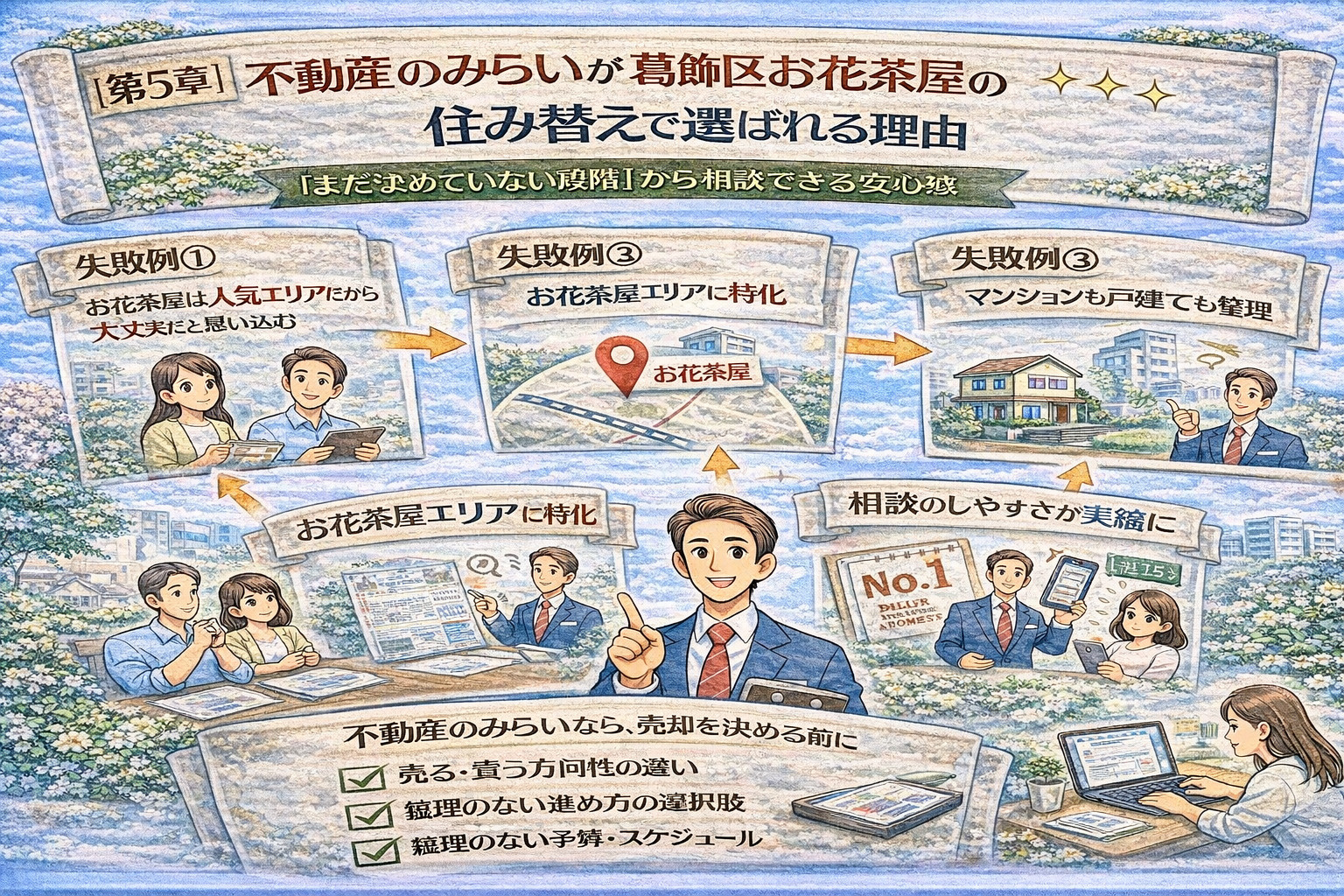 不動産のみらいが住み替えで選ばれる理由を表現したイラスト