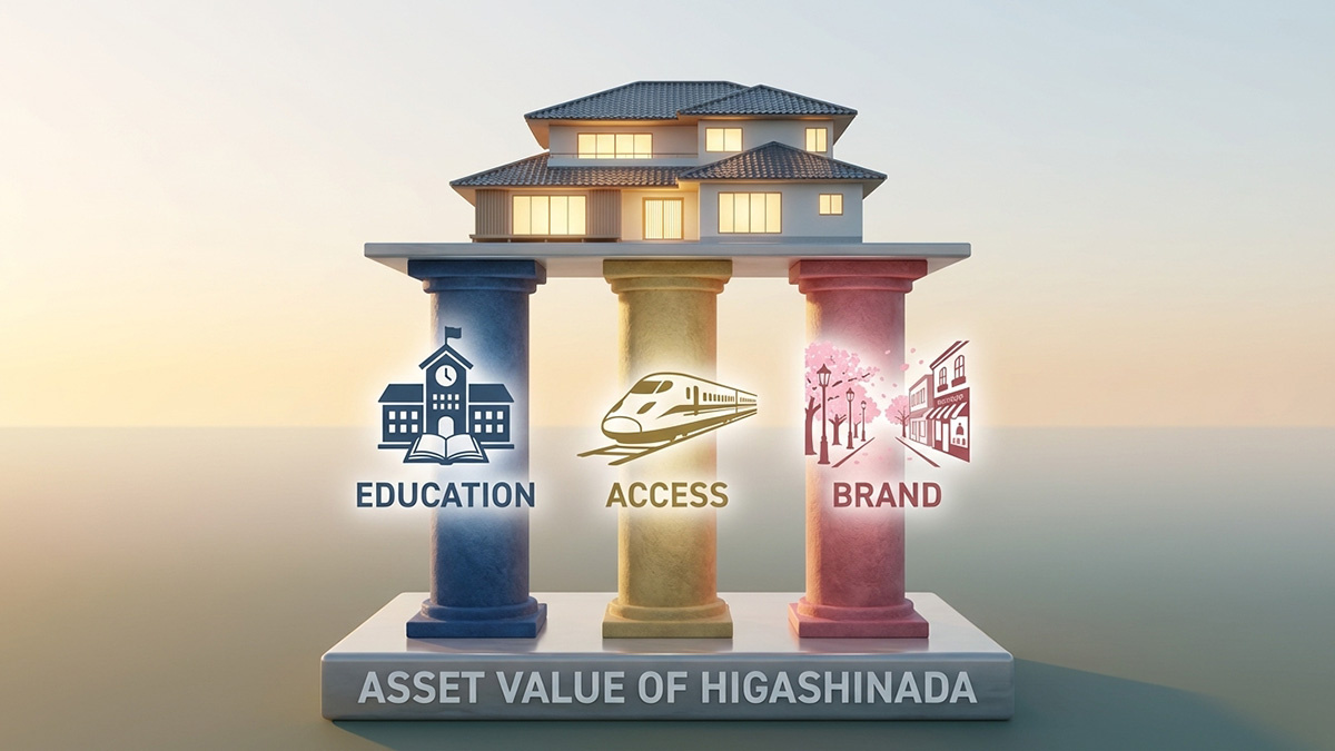 東灘区の資産価値を支える「教育」「交通」「ブランド」の3要素を象徴するインフォグラフィック