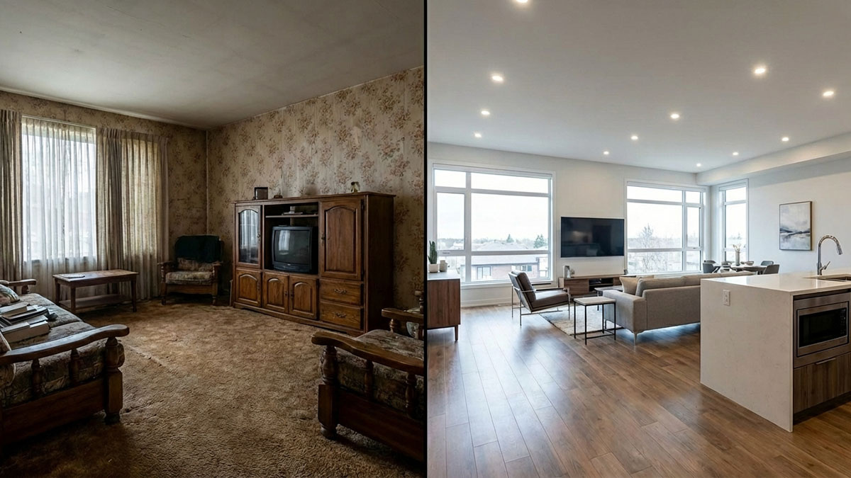 古くなった内装をリノベーションで美しく再生し、資産価値を高めるイメージ