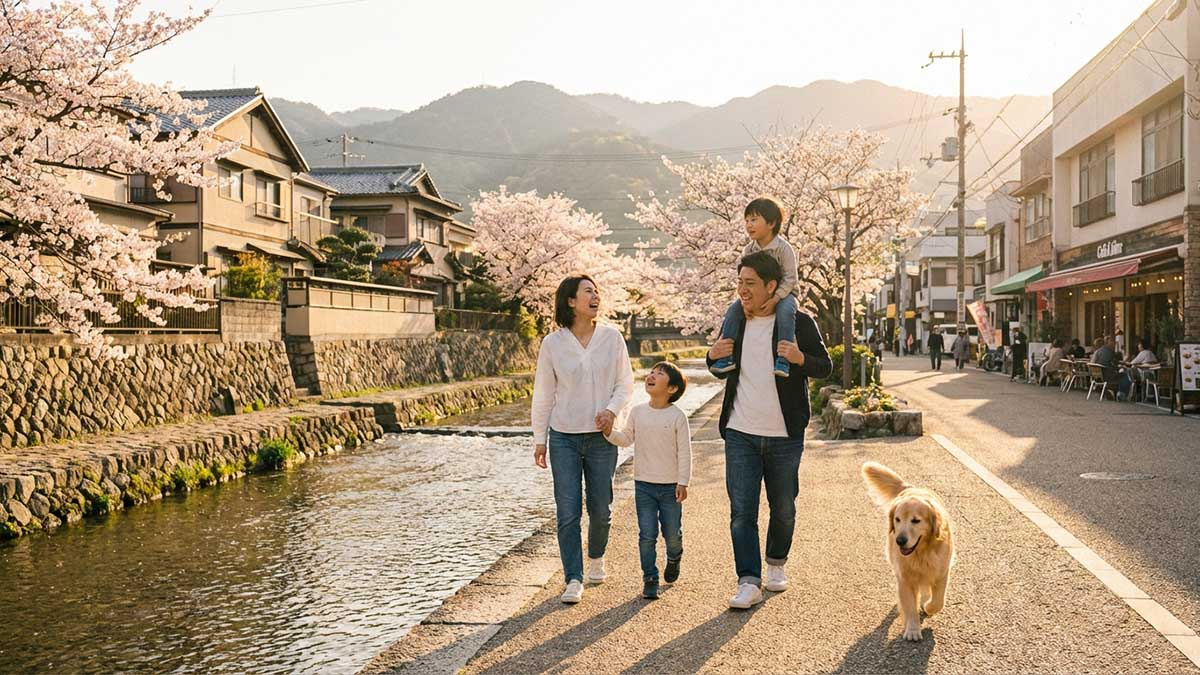 10年後も変わらず美しい東灘区の街並みの中で、笑顔で暮らす家族の未来予想図
