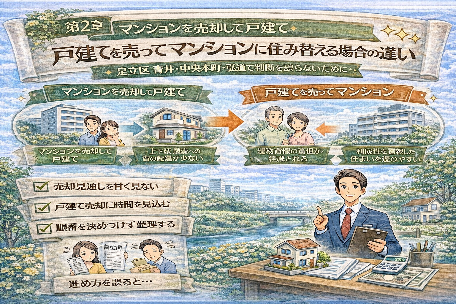 マンション売却と戸建て住み替えの違いを解説するイラスト