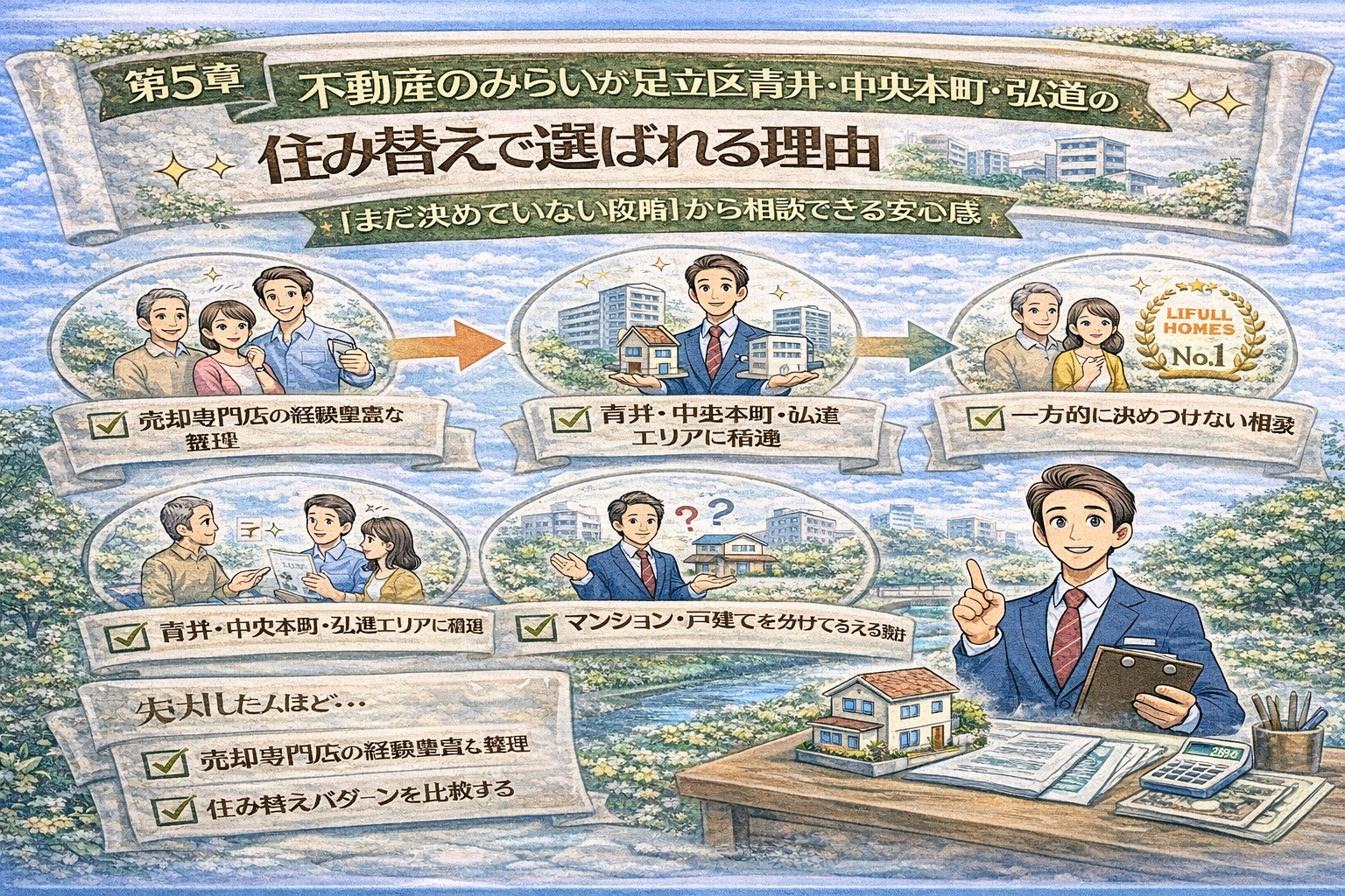不動産のみらいが住み替えで選ばれる理由を表現したイラスト