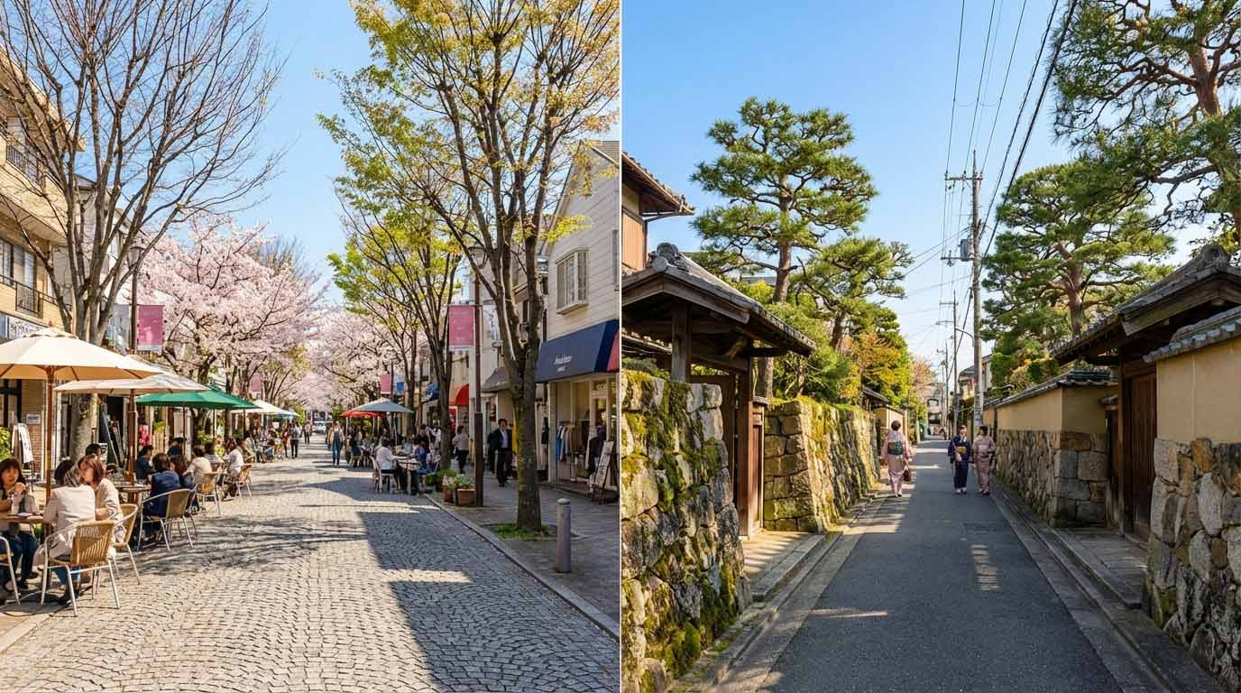 阪急岡本駅周辺の石畳の道やおしゃれなカフェ、御影の石垣が続く邸宅街の風景