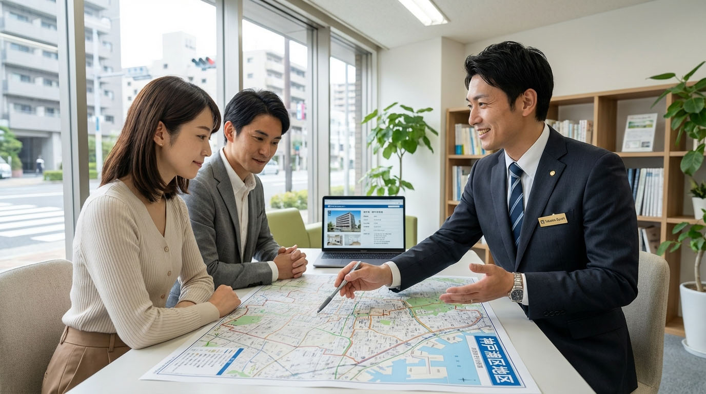 高翔バイセルのオフィスで、担当者が顧客夫婦のライフスタイルをヒアリングし、最適なエリアを提案している様子