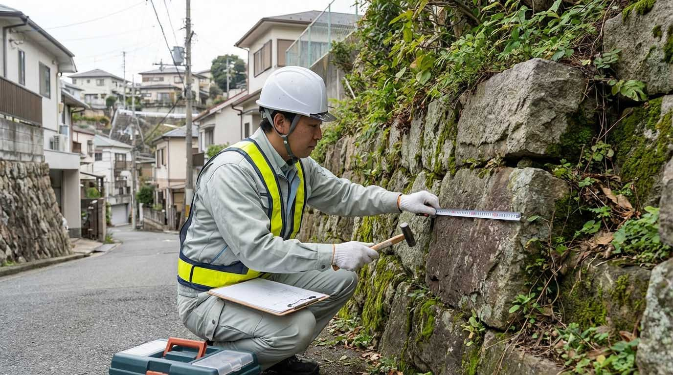 東灘区の山手エリアにある古い石積みの擁壁を、建築士がメジャーや打診棒を使って診断している様子