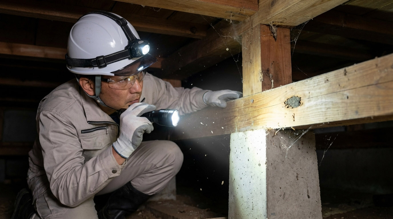 床下点検口から内部を覗き込み、基礎の状態やシロアリの痕跡がないかを確認する専門家の様子