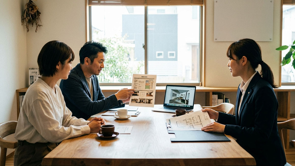 高翔バイセルのオフィスで、建築士と不動産担当者が、顧客夫婦に物件の診断結果とリノベーションプランを説明している様子