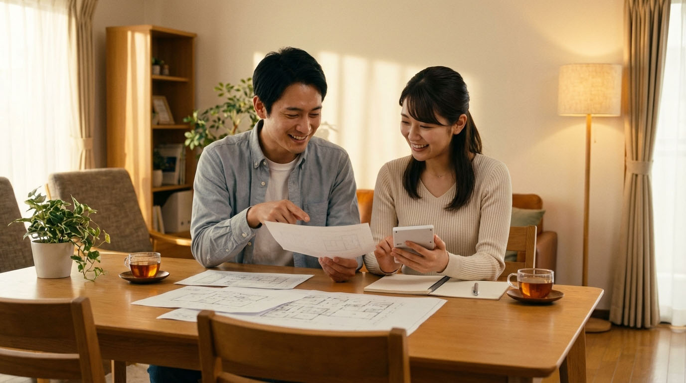 電卓と資金計画書を前に、真剣に予算の配分を話し合う夫婦。無理のない計画を立てている様子。