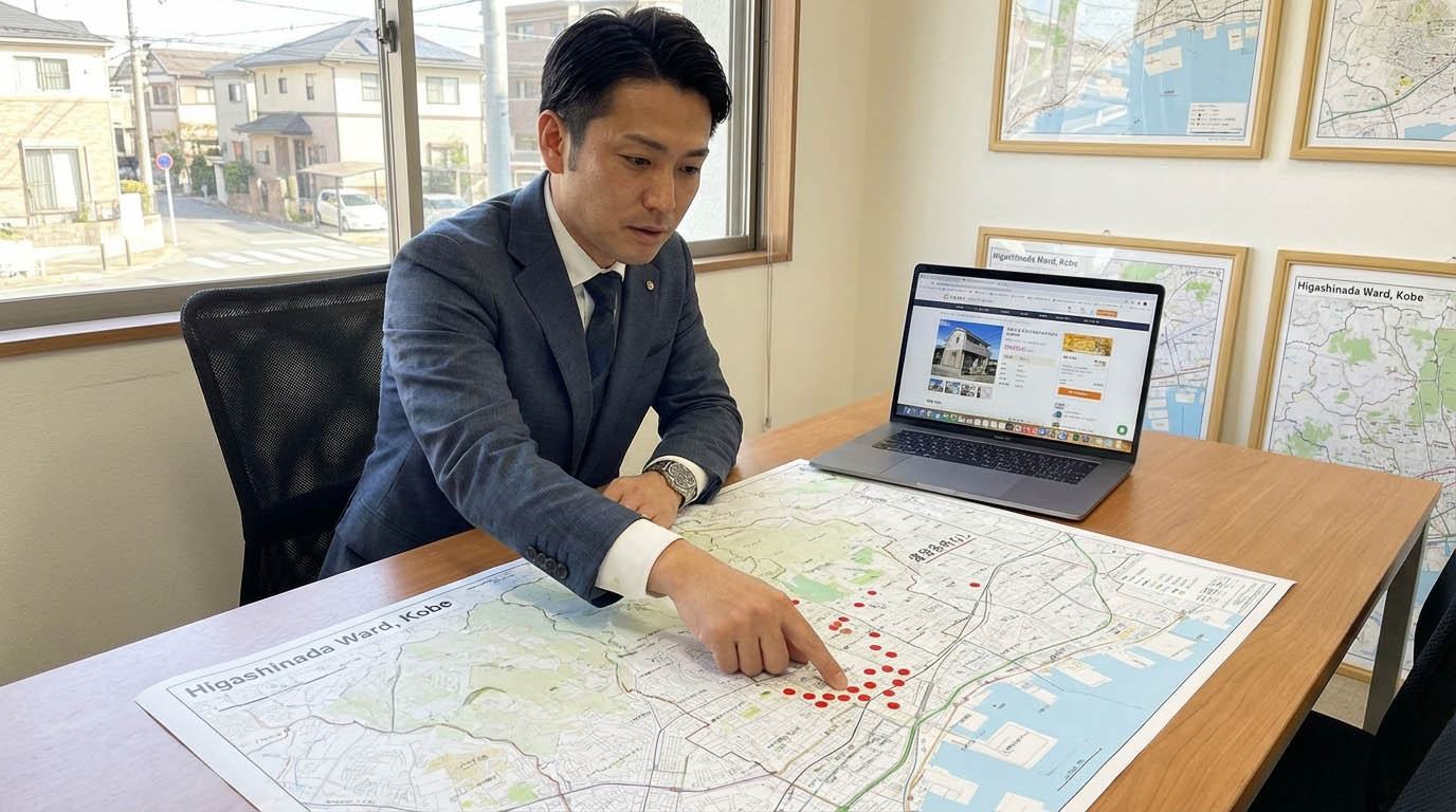 東灘区の住宅地図を見ながら、希少な「建築条件なし」の土地を探している不動産のプロ