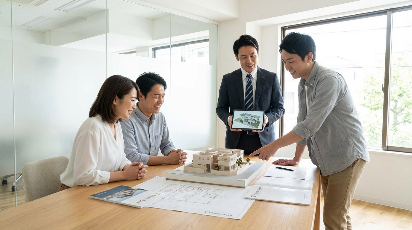 高翔バイセルの不動産担当と、グループ会社「高翔」の建築士が、お客様の家づくりについてチームで打ち合わせをしている様子