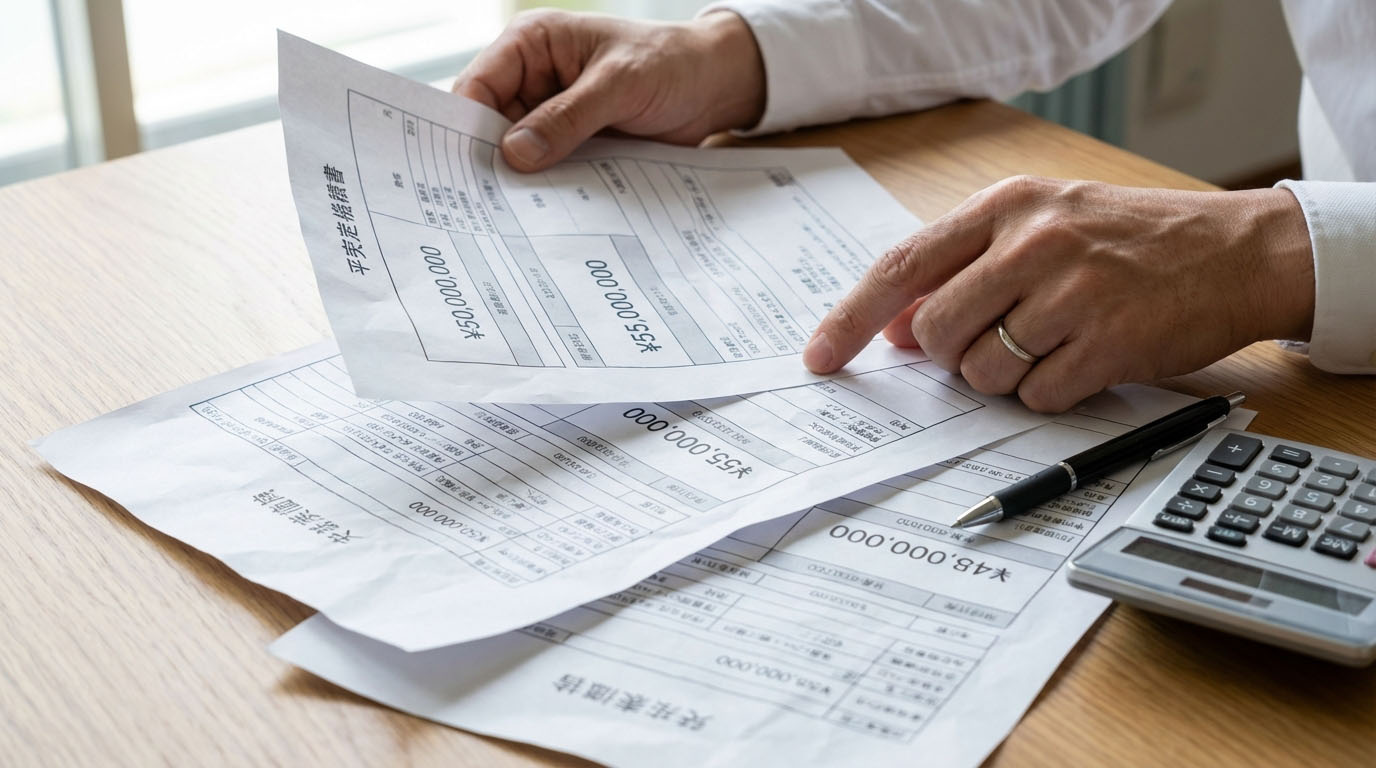 複数の不動産会社の査定書をテーブルに広げ、金額の違いに悩む売主の様子