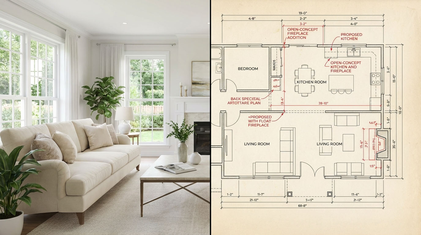 整理整頓され、魅力的に演出されたリビングの写真と、リノベーションプランの図面