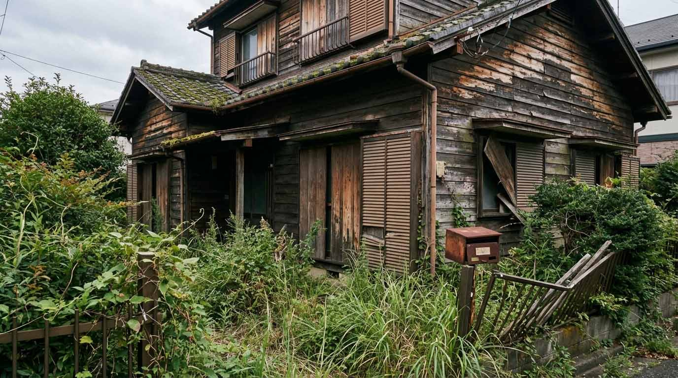 手入れがされていない古い空き家の庭。雑草が生い茂り、建物の劣化が進んでいる様子。
