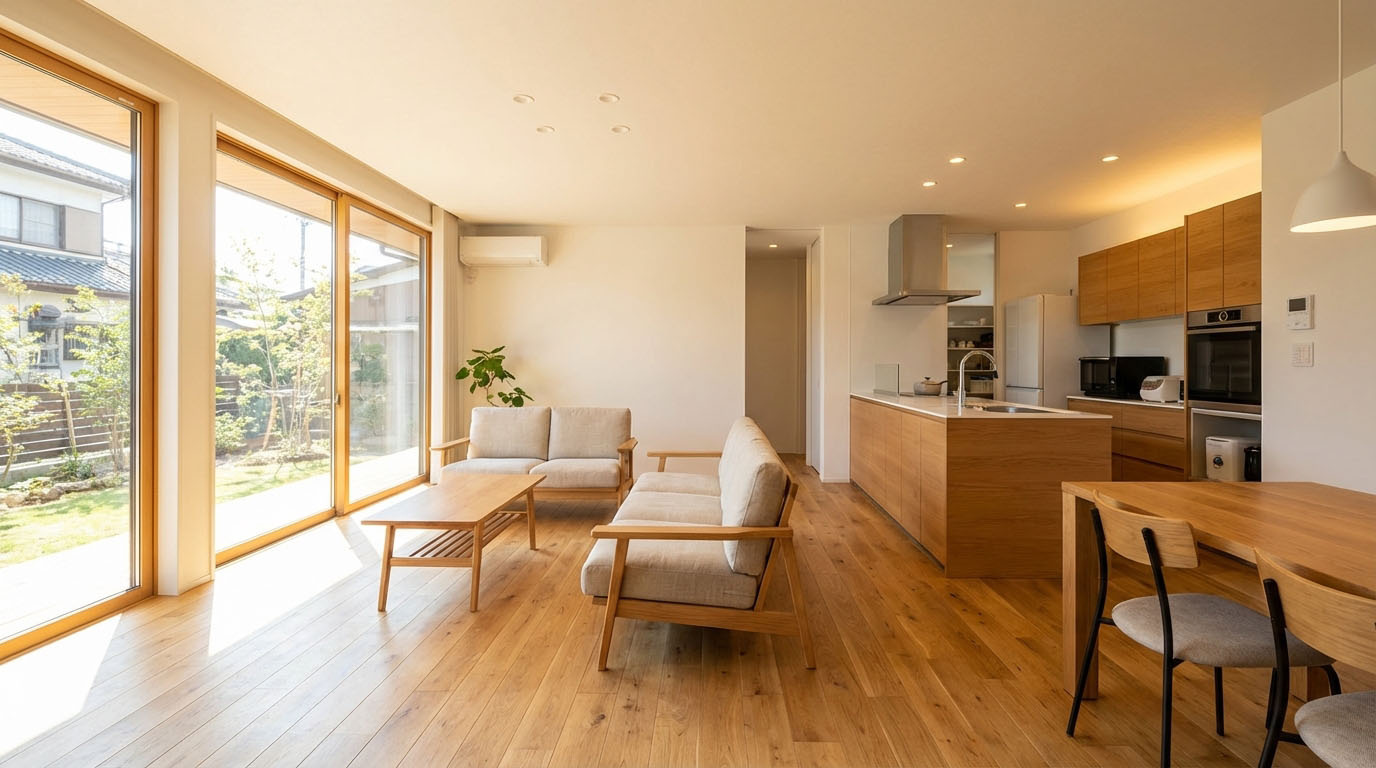 リノベーションによって美しく生まれ変わったリビングダイニング。明るく開放的な空間。