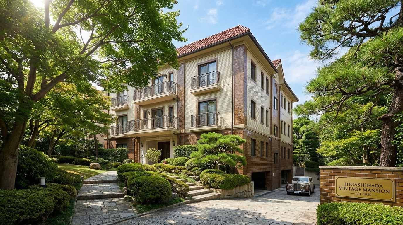 東灘区の緑豊かな環境に佇む、管理状態の良いヴィンテージマンションの外観。