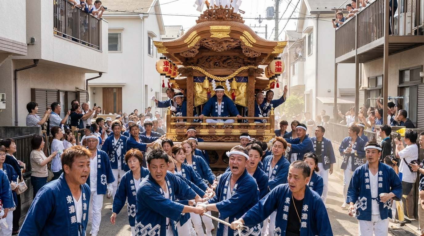 東灘区のだんじり祭りの様子。多くの人々が法被を着て、熱気にあふれてだんじりを曳いているシーン。