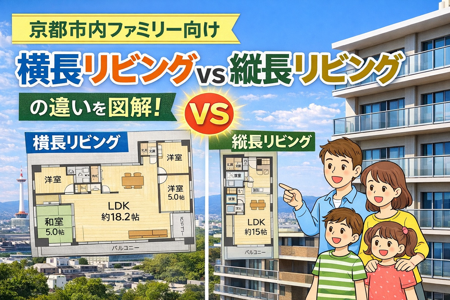 【京都市内ファミリー向けマンション「間取り」解説②】 横長リビングと縦長リビングの違いの画像