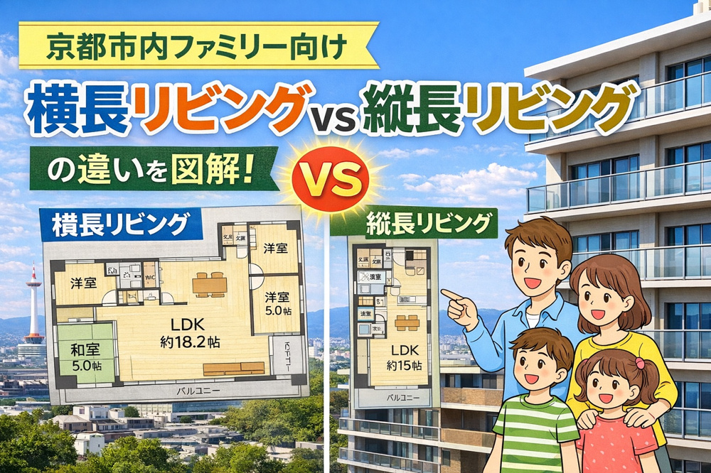 【京都市内ファミリー向けマンション「間取り」解説②】 横長リビングと縦長リビングの違いの画像