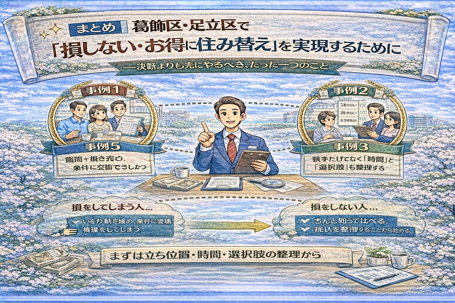 損しない住み替えの考え方をまとめたイメージ  これで ✅ 本文 ✅ SEO ✅ 画像命名・alt ✅ CTA導線  すべて完成です。  次は  HP更新情報文（このブログ用）  Googleビジネスプロフィール投稿文  次の切り口（例：相続×住み替え／離婚×住み替え）  どれからいきましょうか？  タイトル画像 画像が作成されました • 葛飾区・足立区の住み替えガイド 共有する 第1章｜葛飾区・足立区で住み替え費用に大きな差が出る本当の理由 の画像 画像が作成されました • 住み替え費用の差の理由 共有する 第2章｜お得に住み替える人が必ずやっている「売却前の整理」の画像 画像が作成されました • 住み替え成功の秘訣 共有する 第3章｜葛飾区・足立区で実際にあった損しない住み替え成功事例 の画像 画像が作成されました • 成功した住み替え事例ガイド 共有する 第4章｜葛飾区・足立区で住み替えに失敗する人の共通点と回避策 の画像 画像が作成されました • 葛飾区・足立区の住み替えガイド 共有する 第5章｜不動産のみらいが損しない・お得な住み替えで選ばれる理由 の画像 画像が作成されました • 不動産のみらいの住み替え提案 共有する まとめ｜葛飾区・足立区で損しない・お得に住み替えを実現するため の画像 画像が作成されました • 葛飾区・足立区でお得に住み替え 共有する