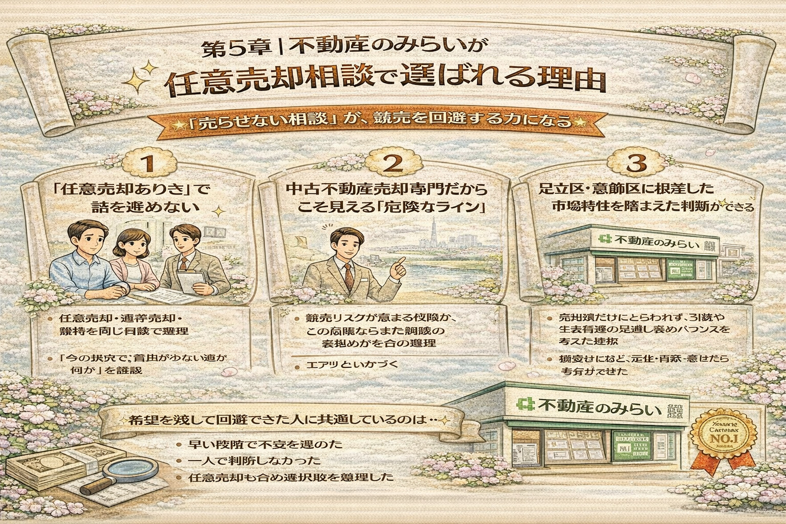 不動産のみらいが任意売却相談で選ばれる理由を表したイラスト