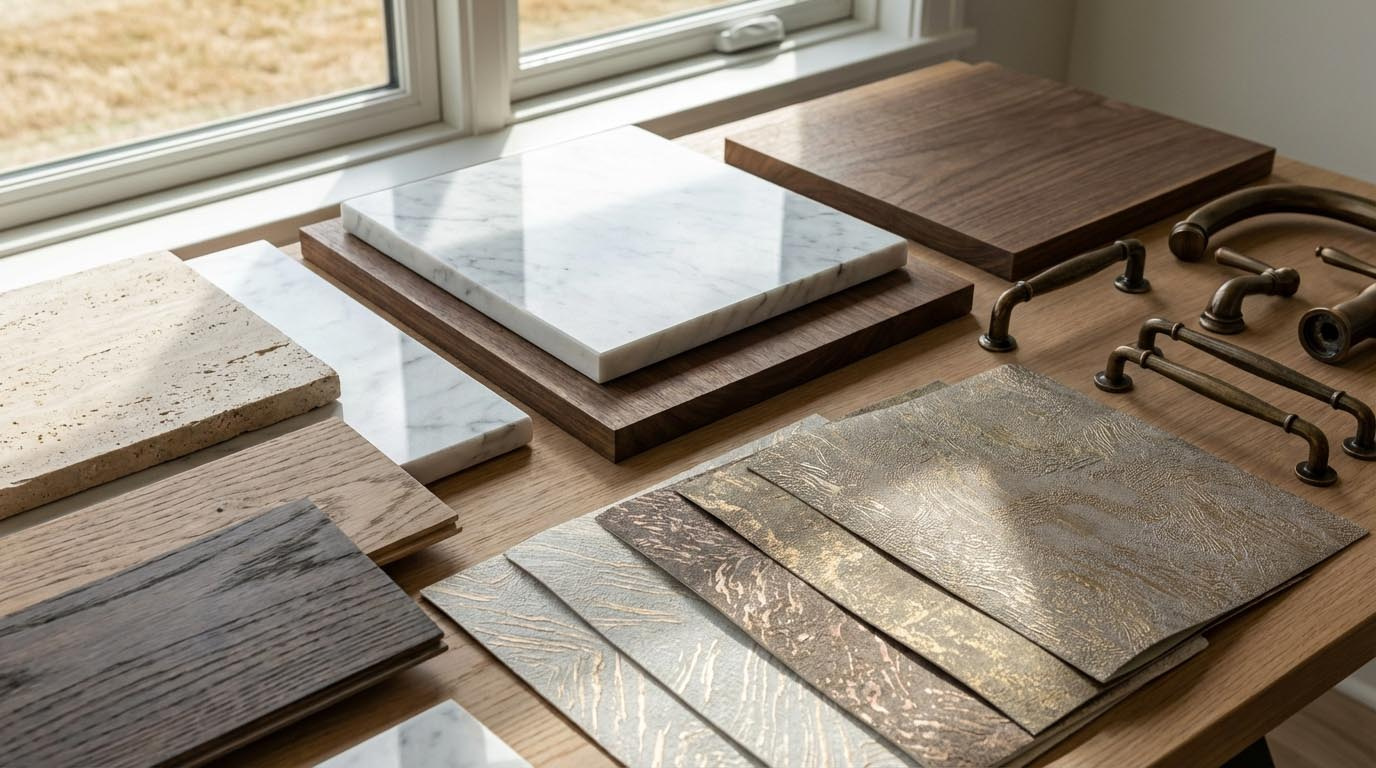 リノベーションで使用される高級素材のサンプル。天然石、突き板フローリング、特殊な壁紙などが並び、上質な質感を伝えている。