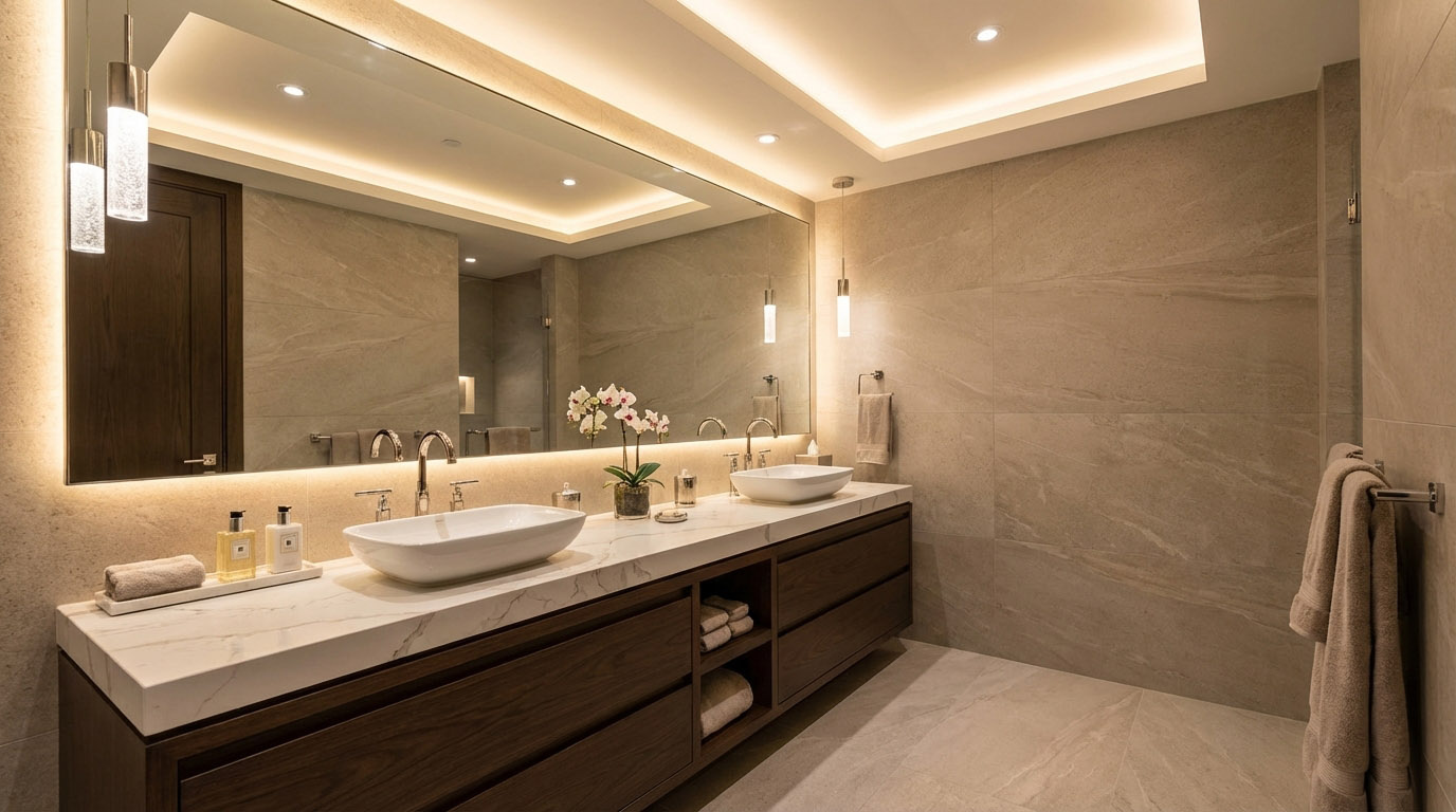 タワーマンションのリノベーション事例。ダブルボウルの造作洗面台、大型の鏡、間接照明、石目調のタイルで構成された、高級ホテルのようなパウダールーム。