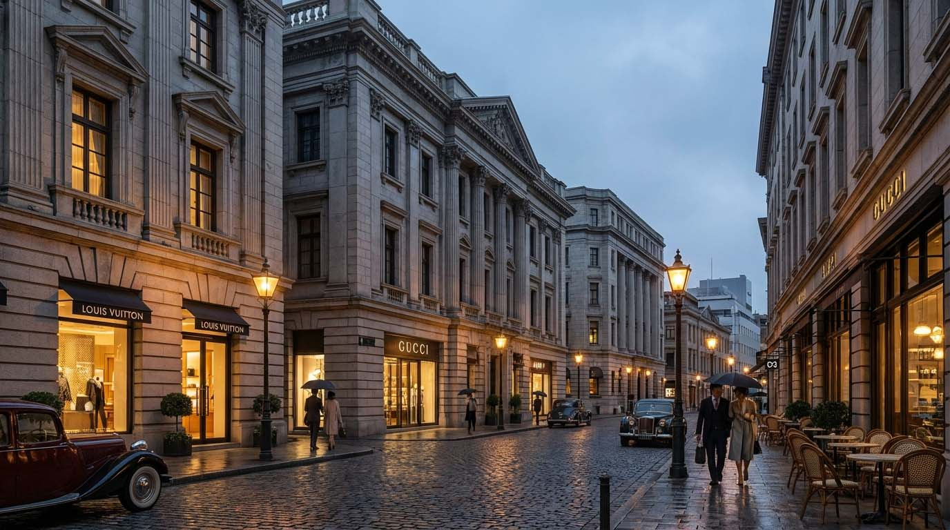 神戸旧居留地の重厚な石造りの街並み。歴史と風格を感じさせる希少なエリア。
