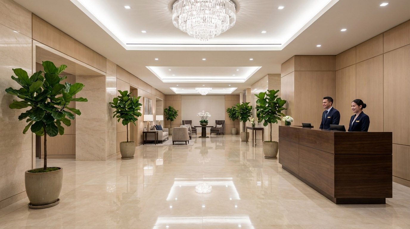 清掃が行き届き、整然としたマンションのエントランスホール。良好な管理体制を象徴する様子。