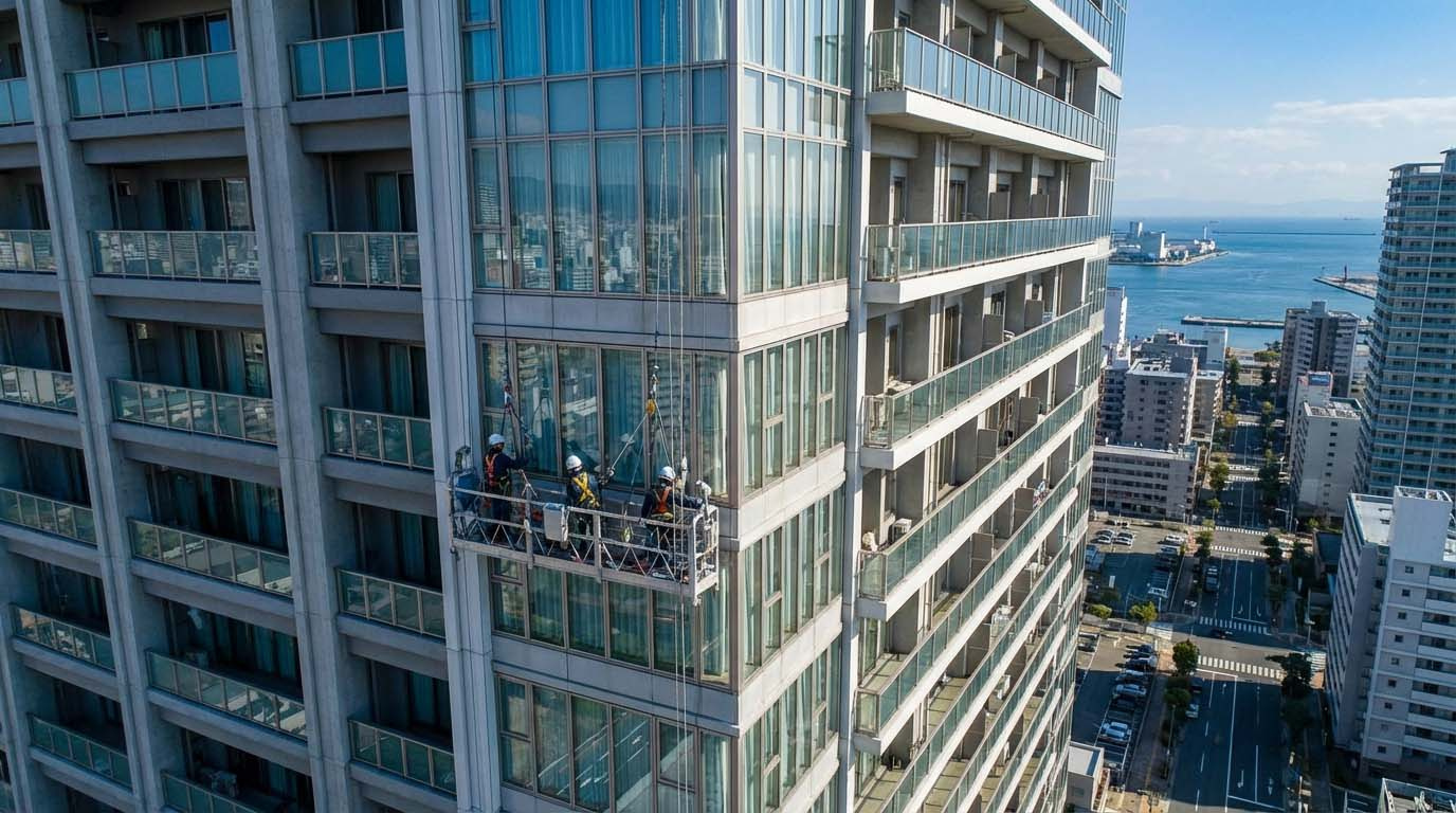 タワーマンションの外壁を、ゴンドラを使って修繕作業をしている様子。高所作業の難しさが伝わる写真。