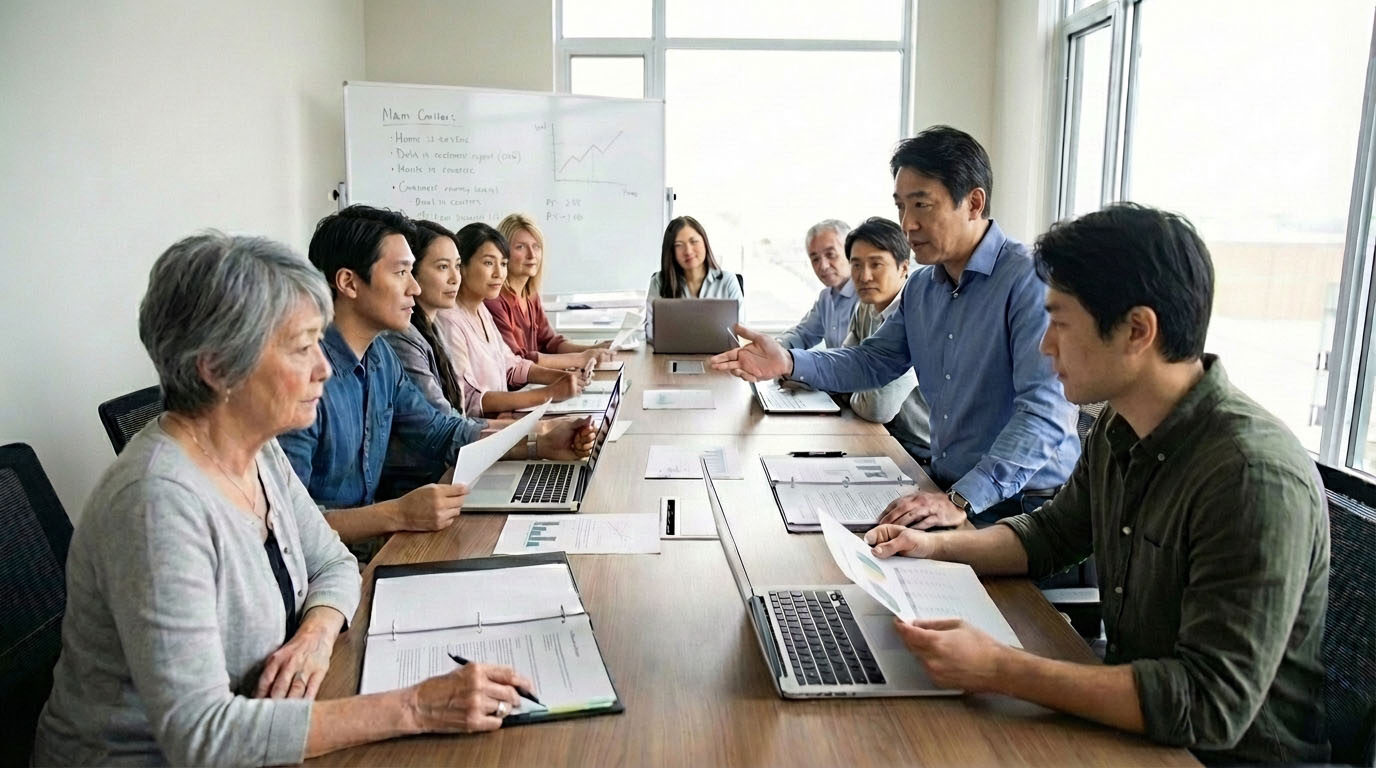 マンションの管理組合の理事会で、住民たちが真剣な表情で話し合っている様子。