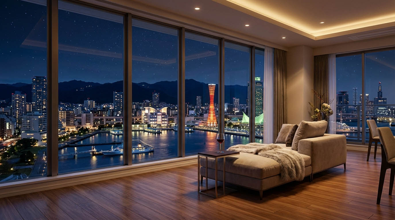 タワーマンションのリビングから、神戸の海と街の夜景（1000万ドルの夜景）を一望する様子。