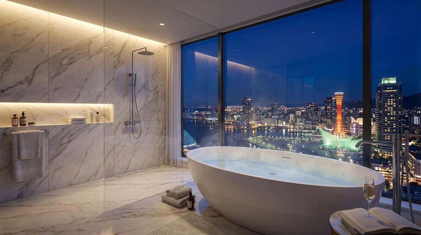 神戸の夜景を一望するバスルーム。タワマンだからこそ実現できる、贅沢な空間づくり。の画像