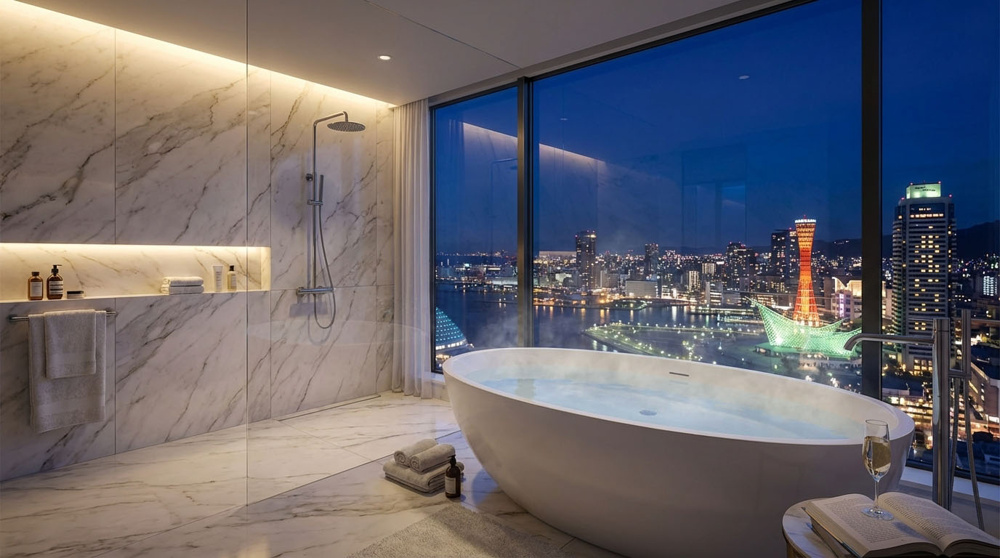 神戸の夜景を一望するバスルーム。タワマンだからこそ実現できる、贅沢な空間づくり。の画像
