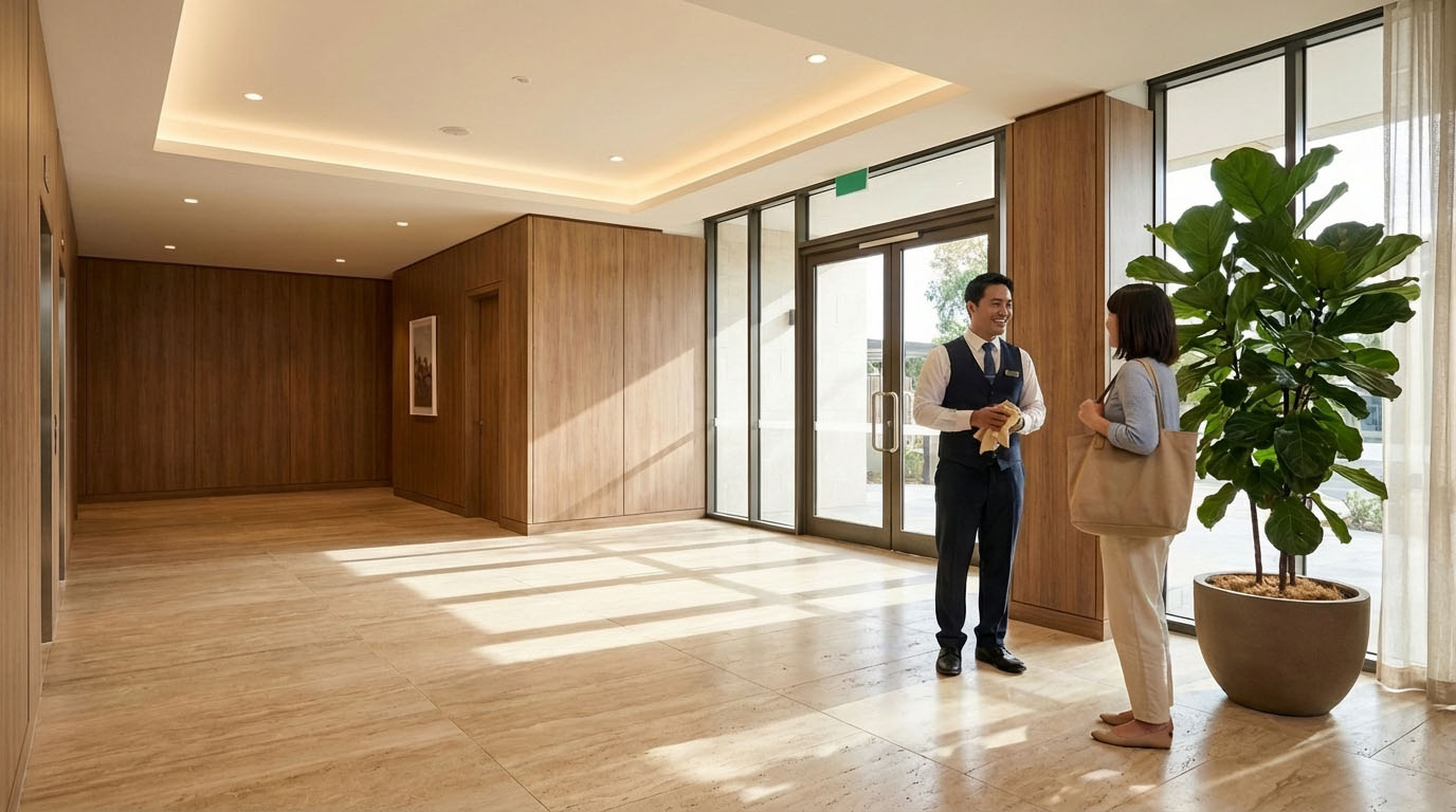 清掃が行き届き、植栽がきれいに整えられたマンションのエントランスと管理人の様子