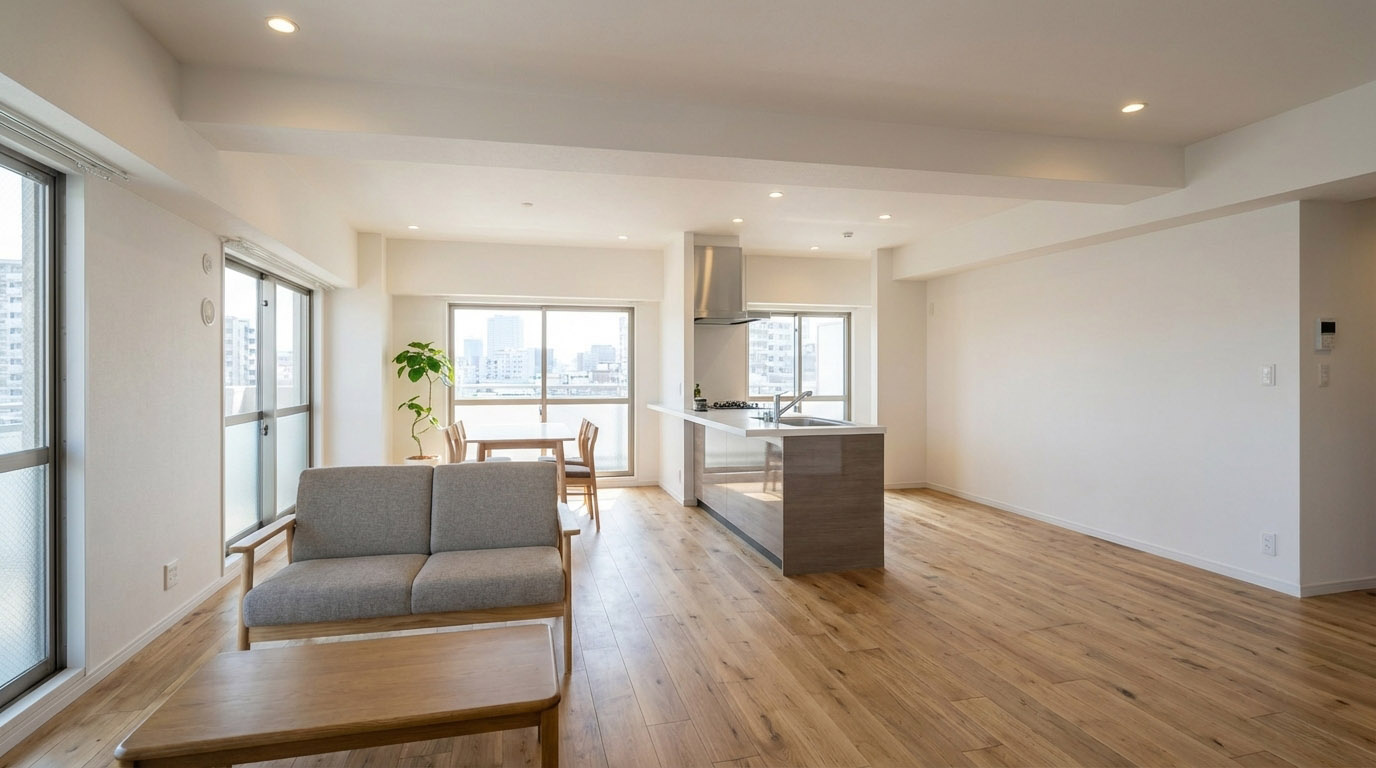 築古マンションの一室が、フルリノベーションによってモダンで開放的な空間に生まれ変わったビフォーアフター