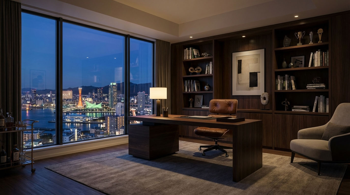 神戸の夜景を一望する、高級感あふれるタワーマンションの書斎・ホームオフィス
