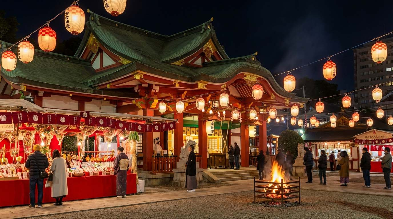 十日えびすの宵宮、提灯の明かりが幻想的に灯る西宮神社の境内