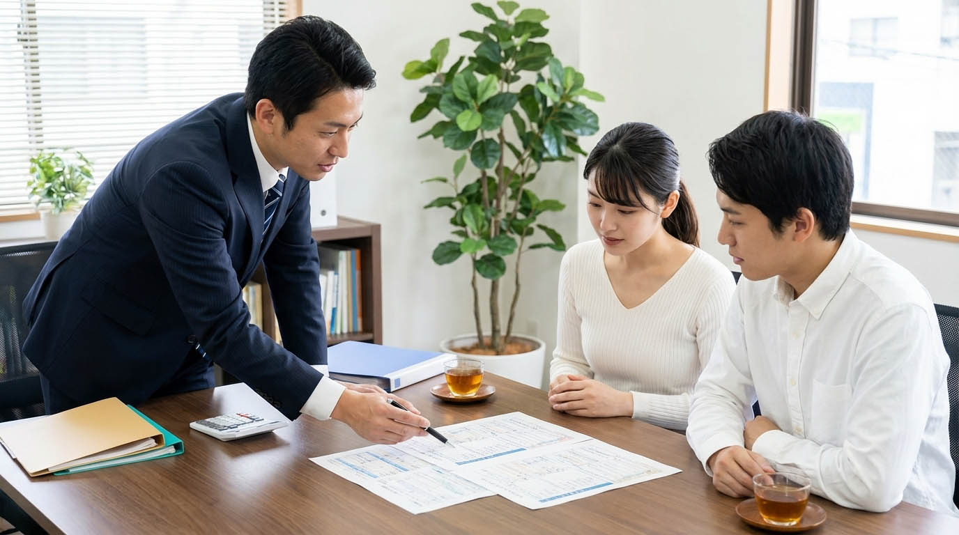 不動産担当者が顧客に住宅ローン控除の書類を説明しているシーン