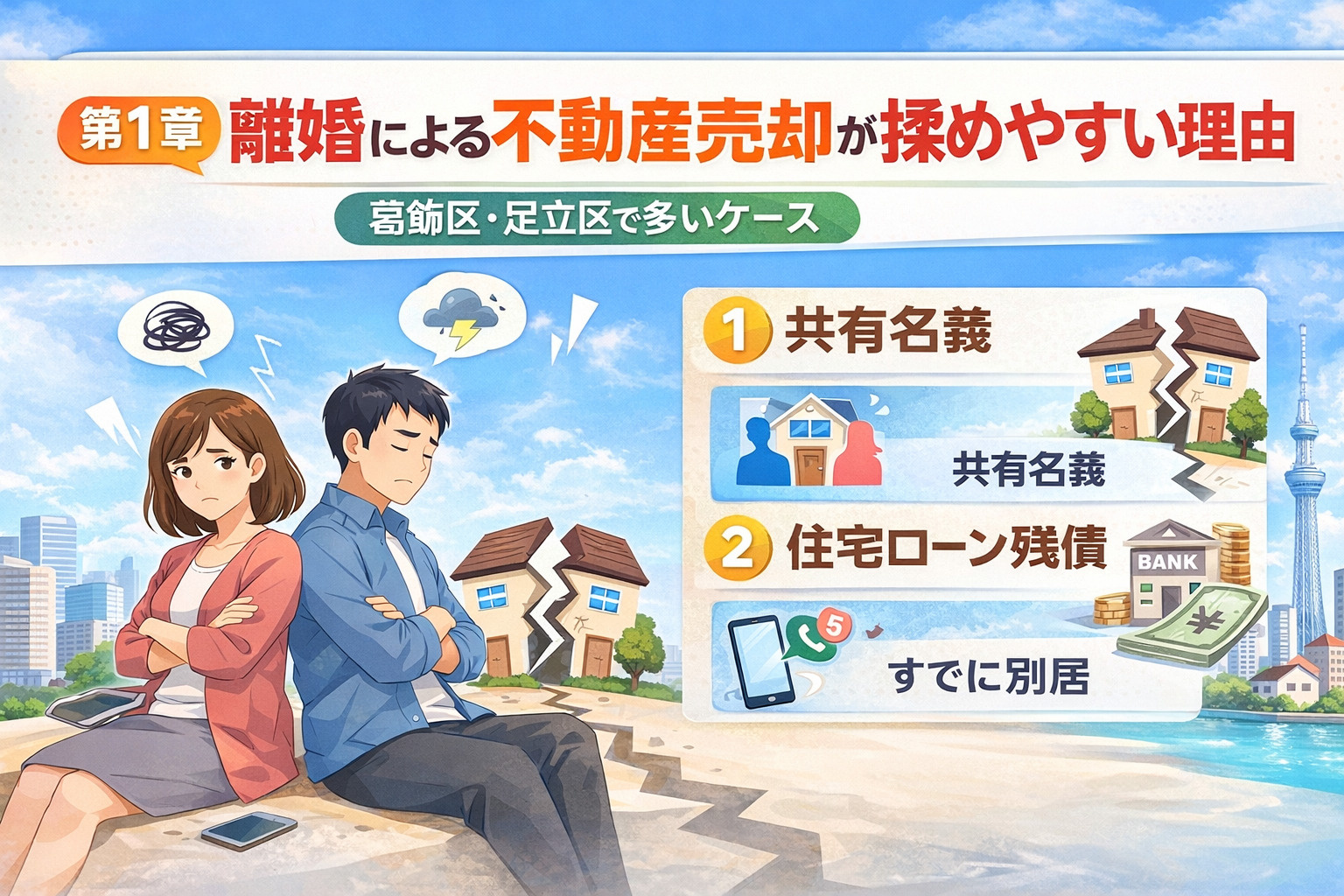 離婚による不動産売却が揉めやすい理由を葛飾区・足立区の事例で解説するイメージ