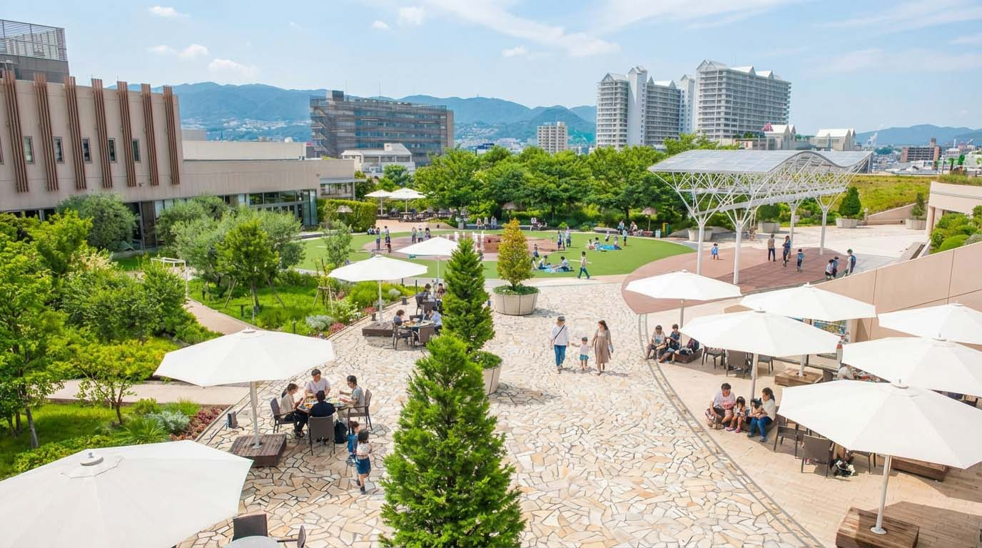 西宮ガーデンズ前の広場で楽しむ家族連れと、近代的な駅周辺の風景