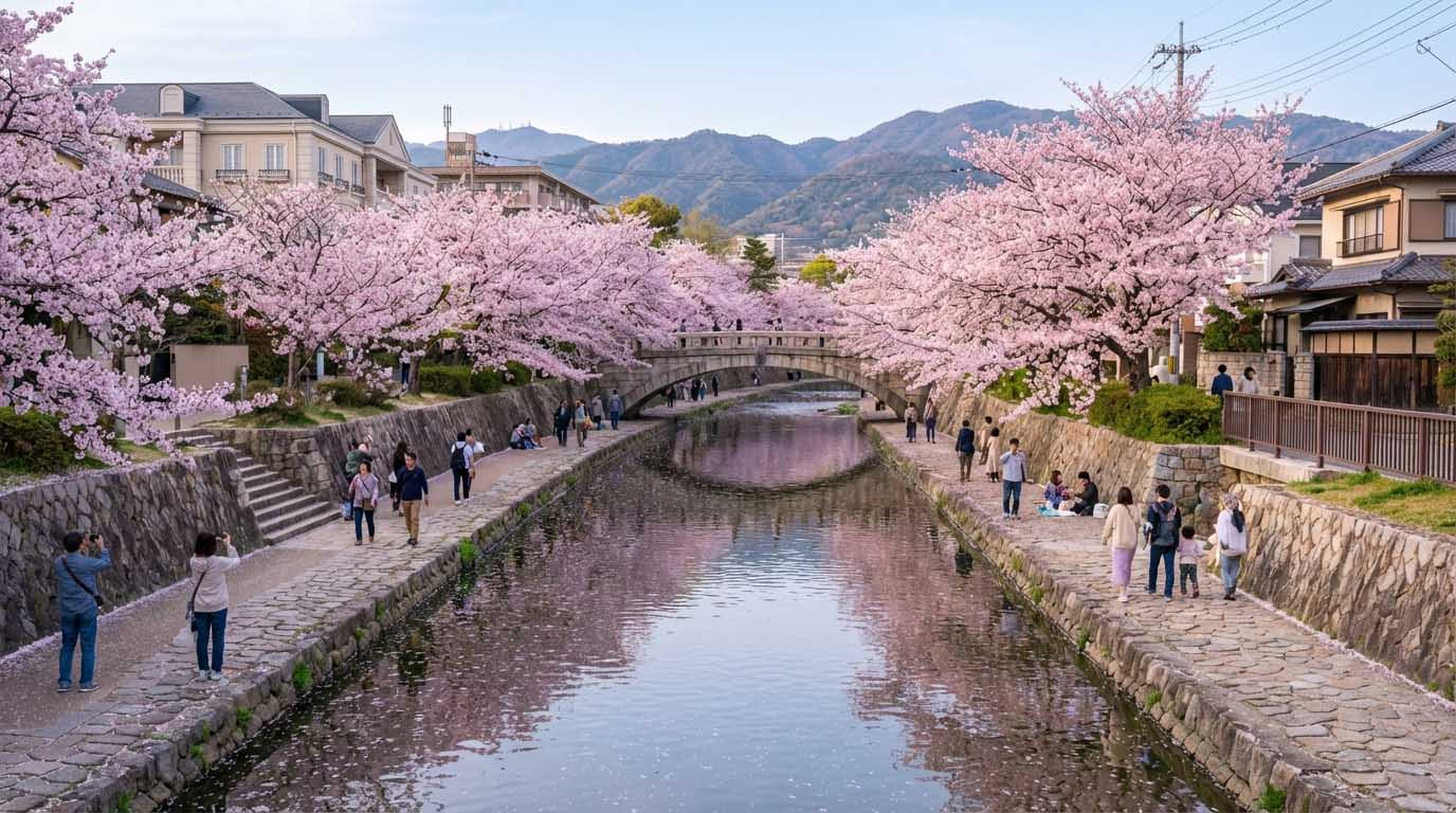 桜が満開の夙川公園、川沿いを散歩する人々と落ち着いた街並み