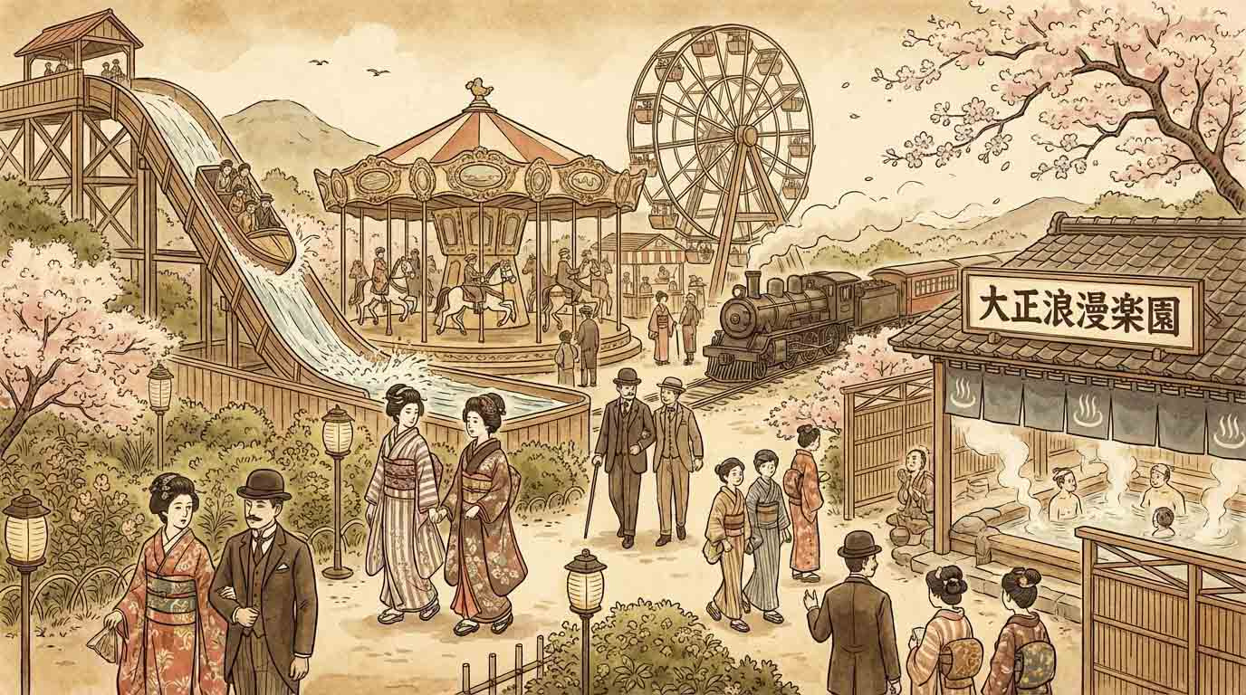 大正時代のレトロな遊園地や温泉地の賑わいをイメージしたイラスト