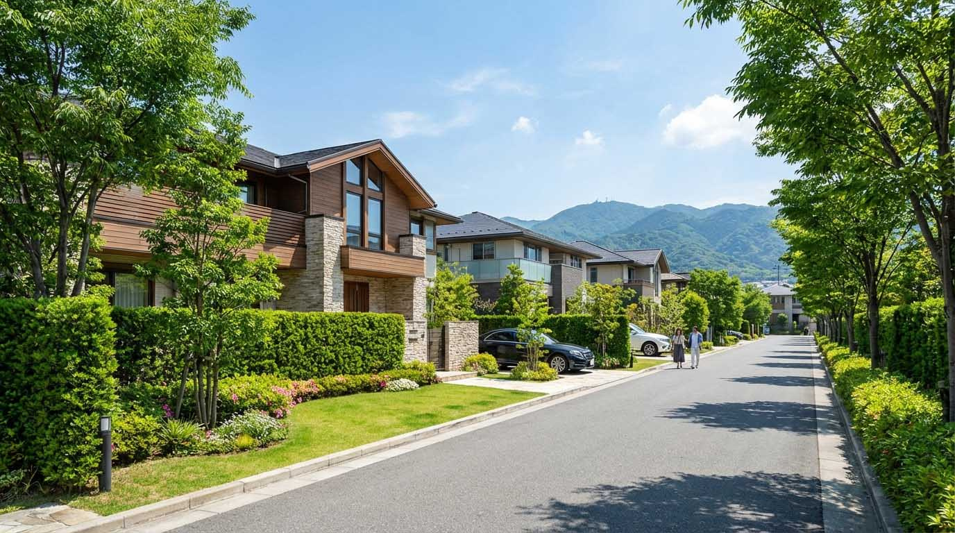 広い敷地にゆったりと建てられた邸宅と、緑豊かな生垣のある通り